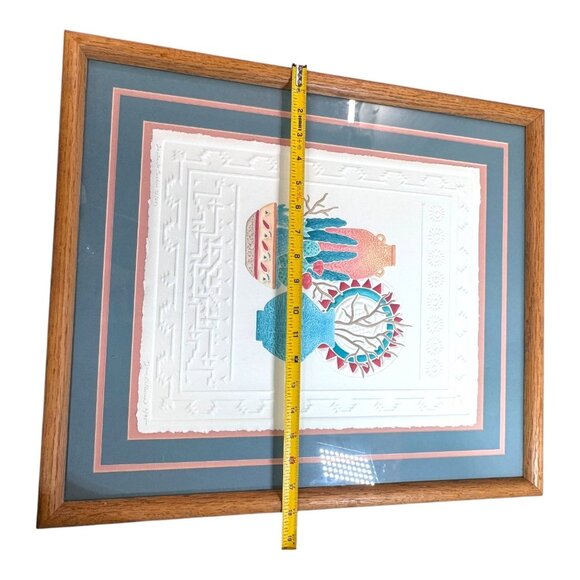 Vtg Signed Jane Billman Southwestern Pottery Cactus Embossed Art Print Oak Frame - Picture 5 of 8